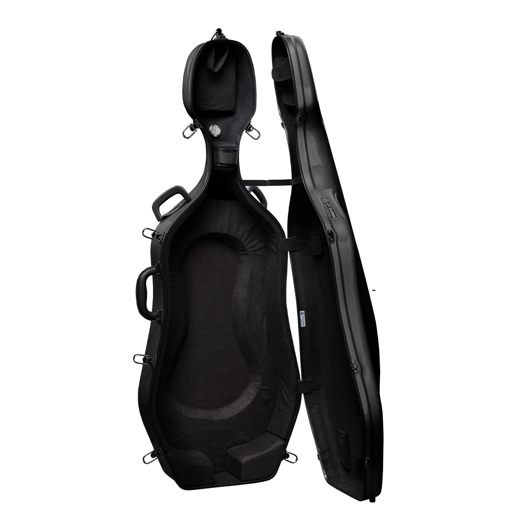 Open View of CACL28 Black Deluxe Cello Case with Wheels