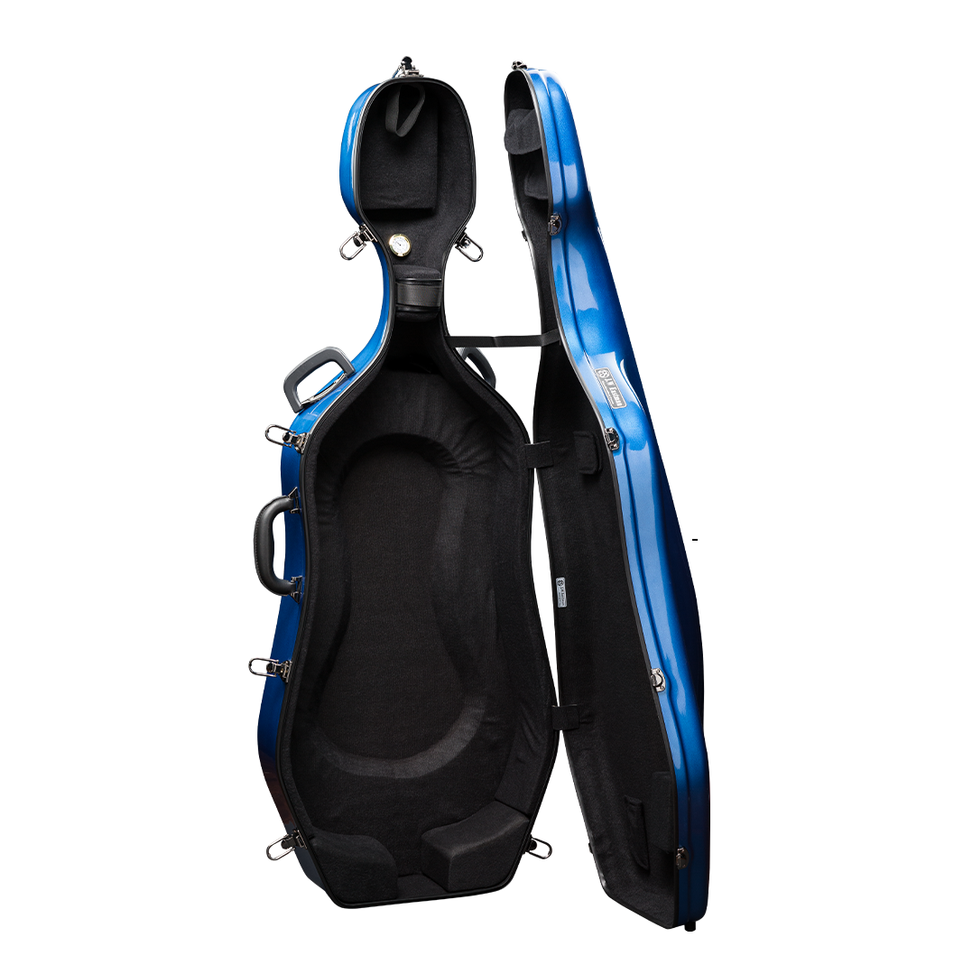 Open View of CACL28 Blue Deluxe Cello Case with Wheels