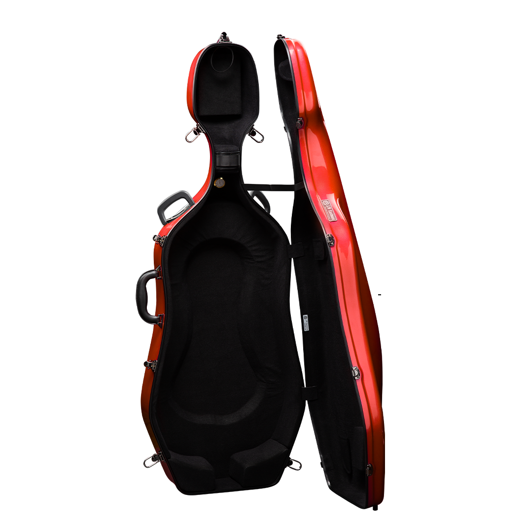 Open View of CACL28 Fire Engine Red Deluxe Cello Case with Wheels