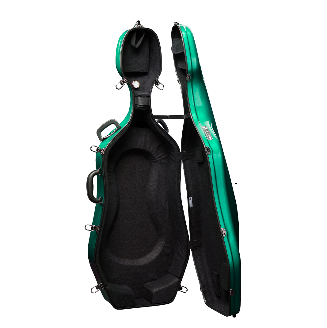 Open View of CACL28 Green Deluxe Cello Case with Wheels