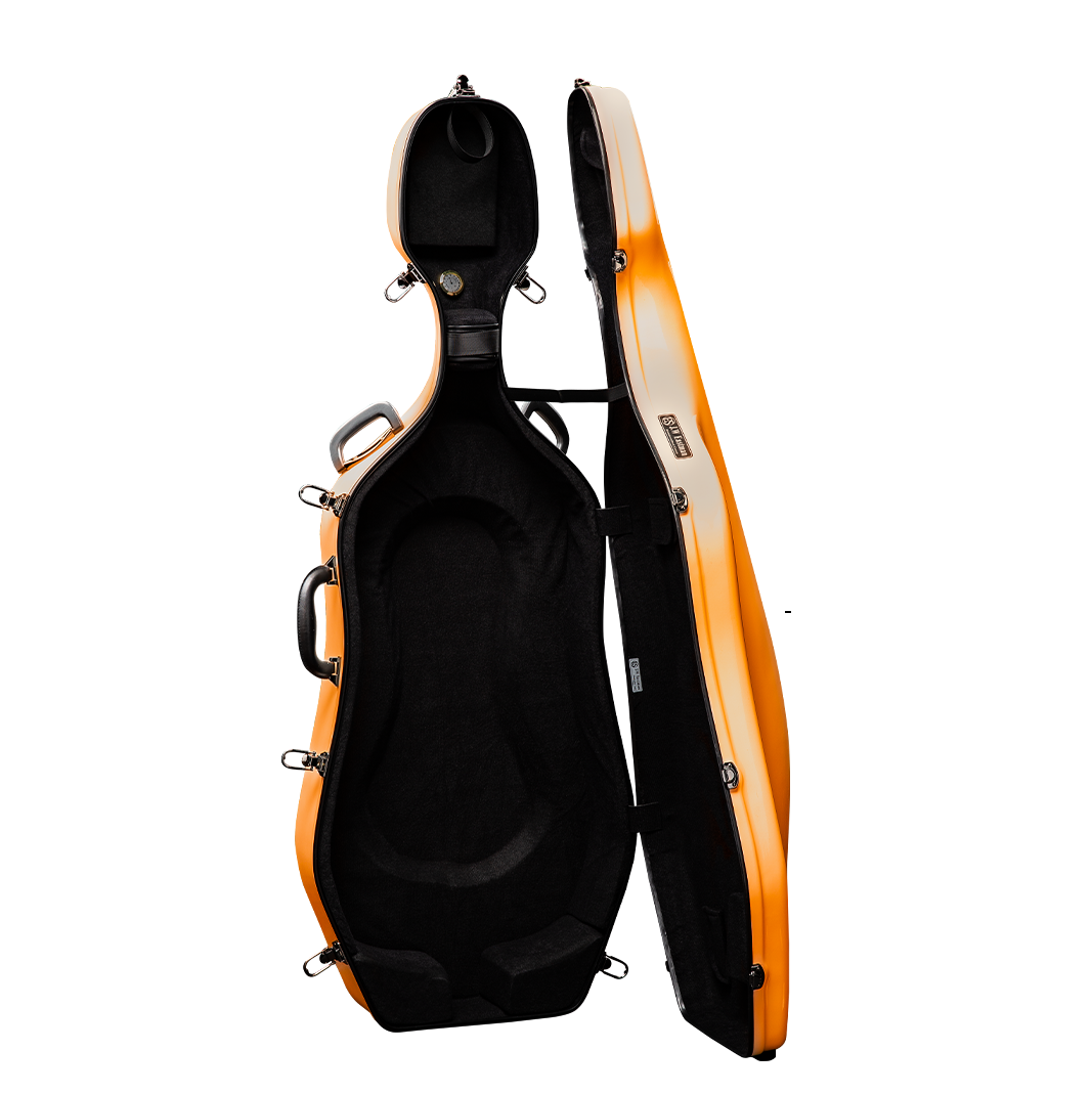 Open View of CACL28 Orange Deluxe Cello Case with Wheels