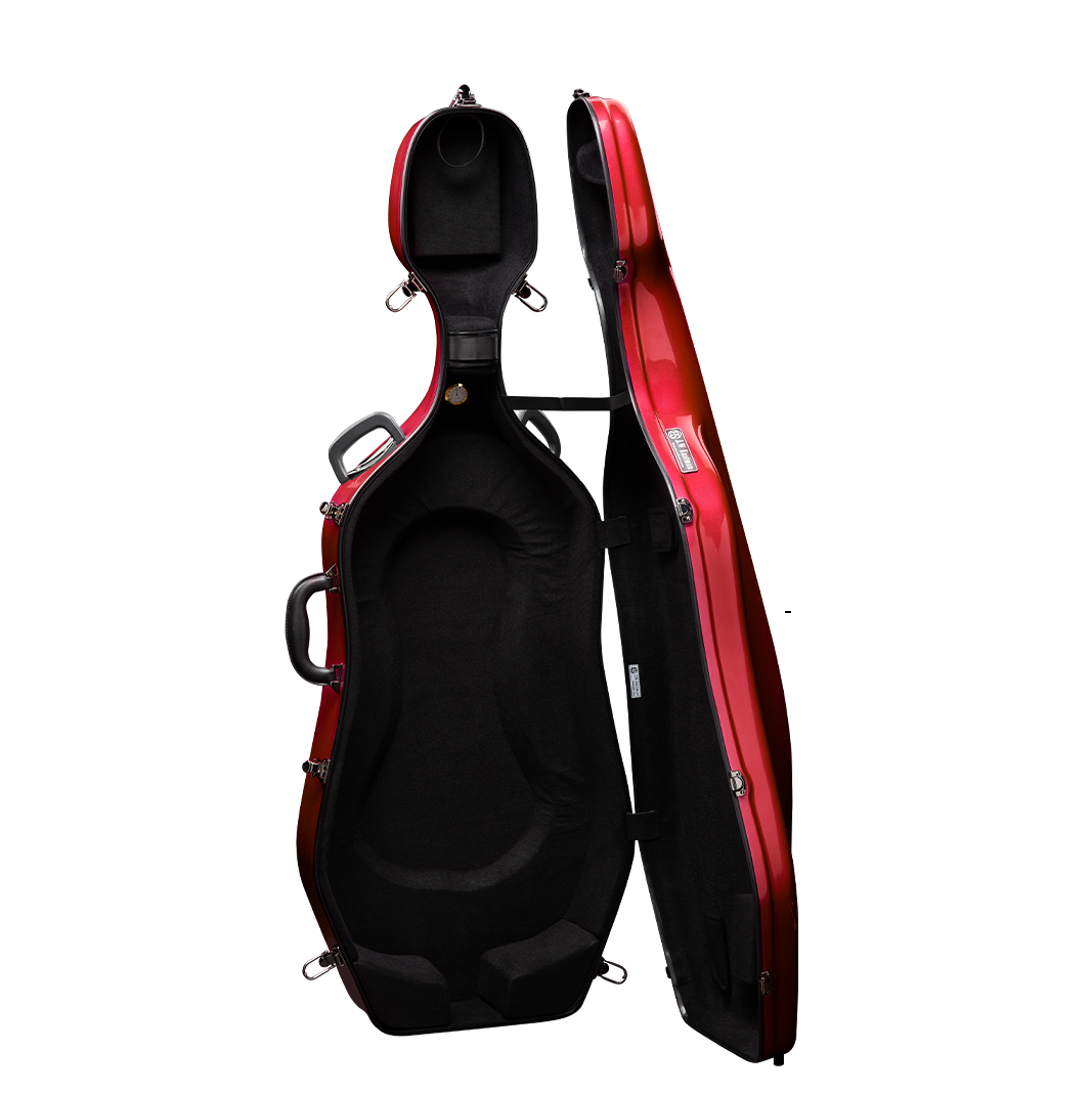 Open View of CACL28 Red Deluxe Cello Case with Wheels