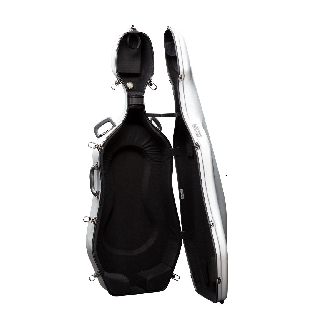 Open View of CACL28 Silver Deluxe Cello Case with Wheels