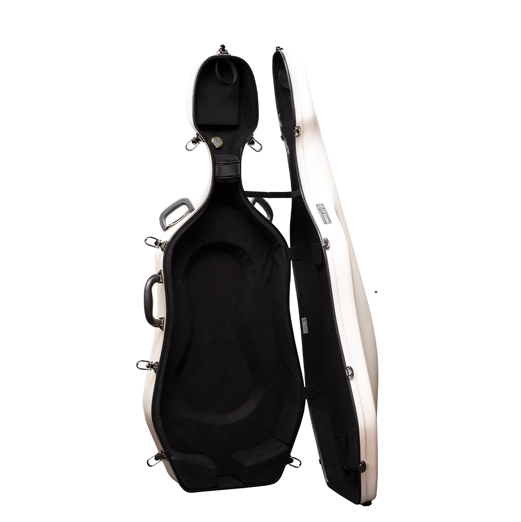 Open View of CACL28 White Deluxe Cello Case with Wheels