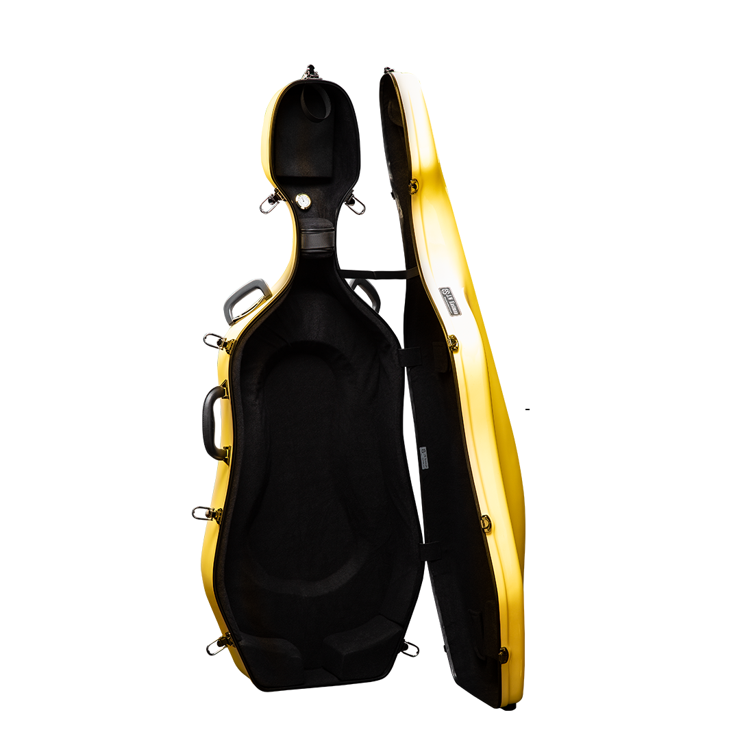 Open View of CACL28 Yellow Deluxe Cello Case with Wheels