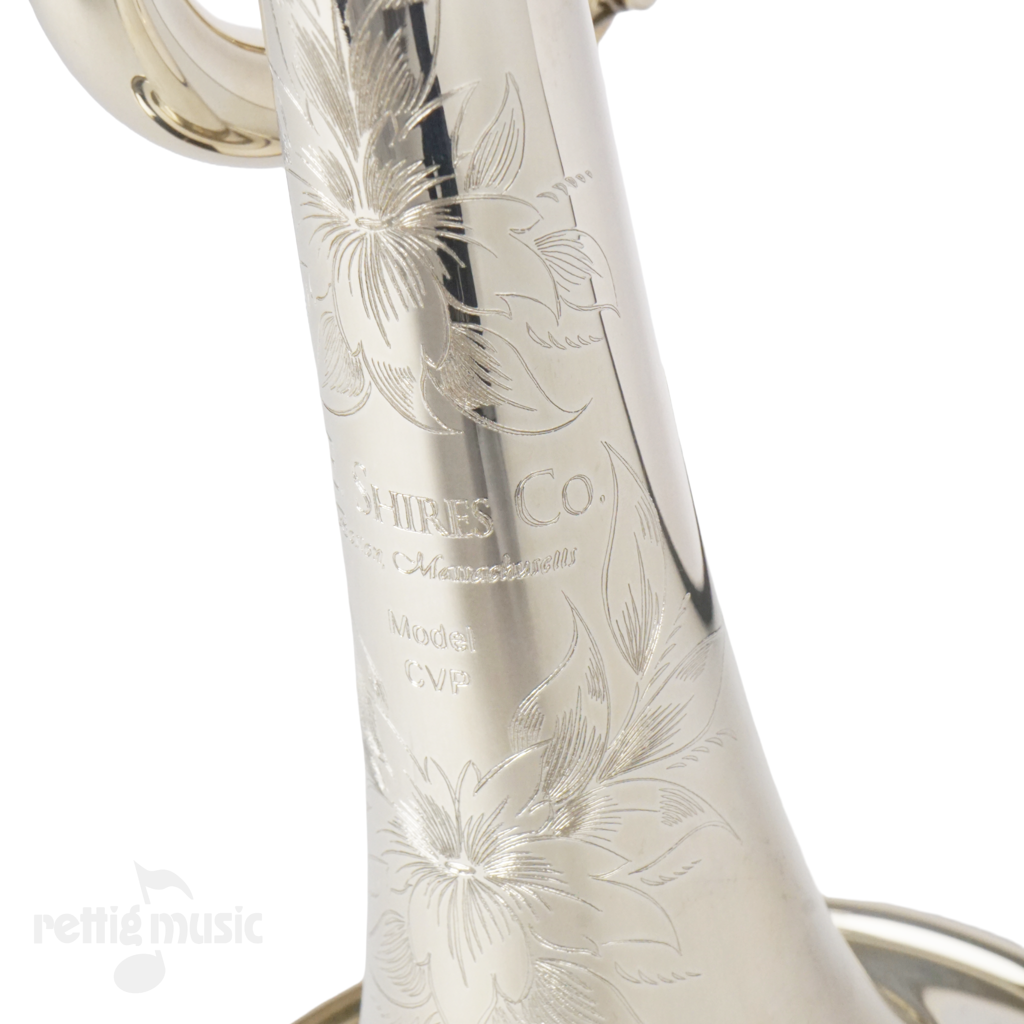 Close-up of S.E. Shires TRCVP Silver Plated Trumpet bell engraving
