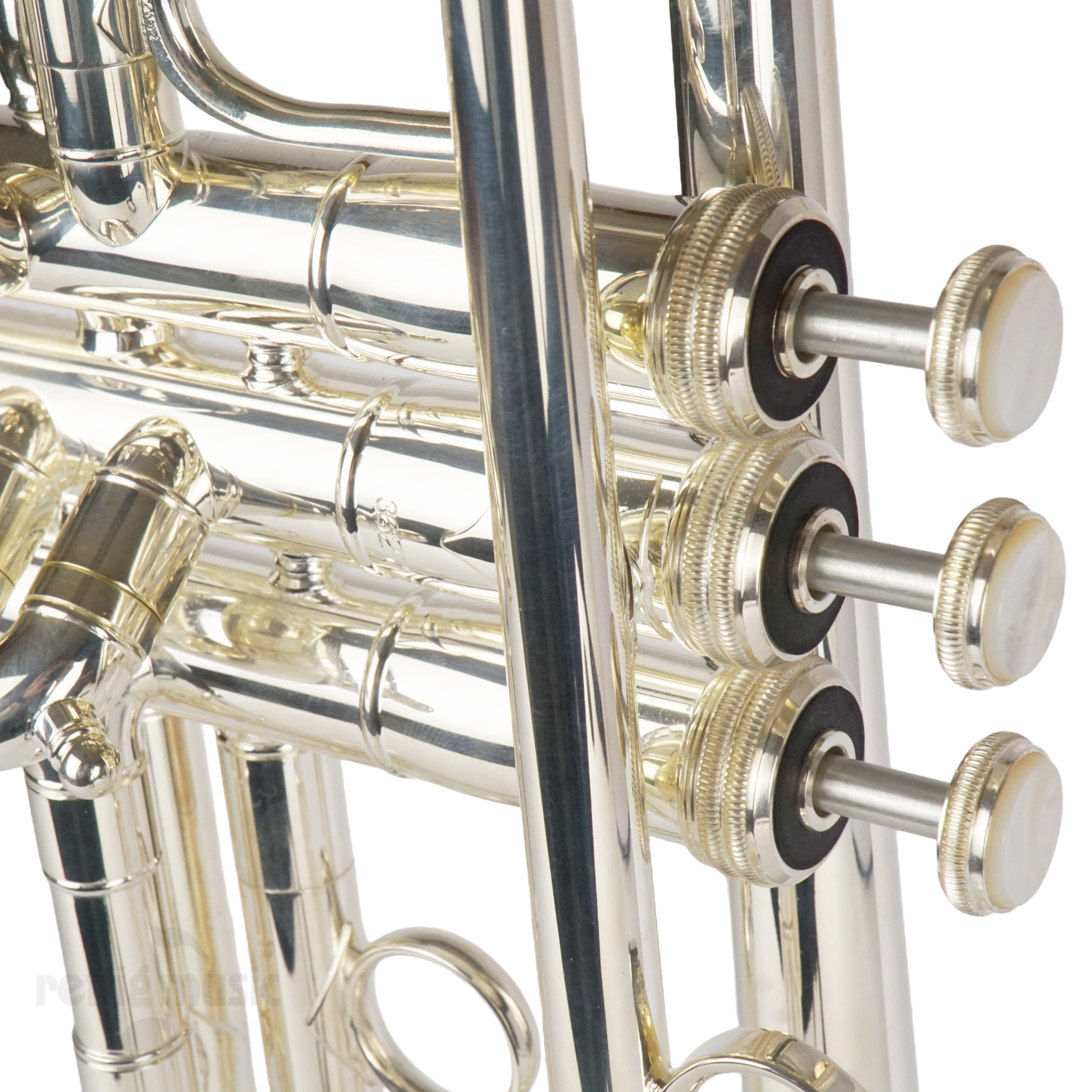 Close-up of S.E. Shires TRCVP Silver Plated Trumpet Valves