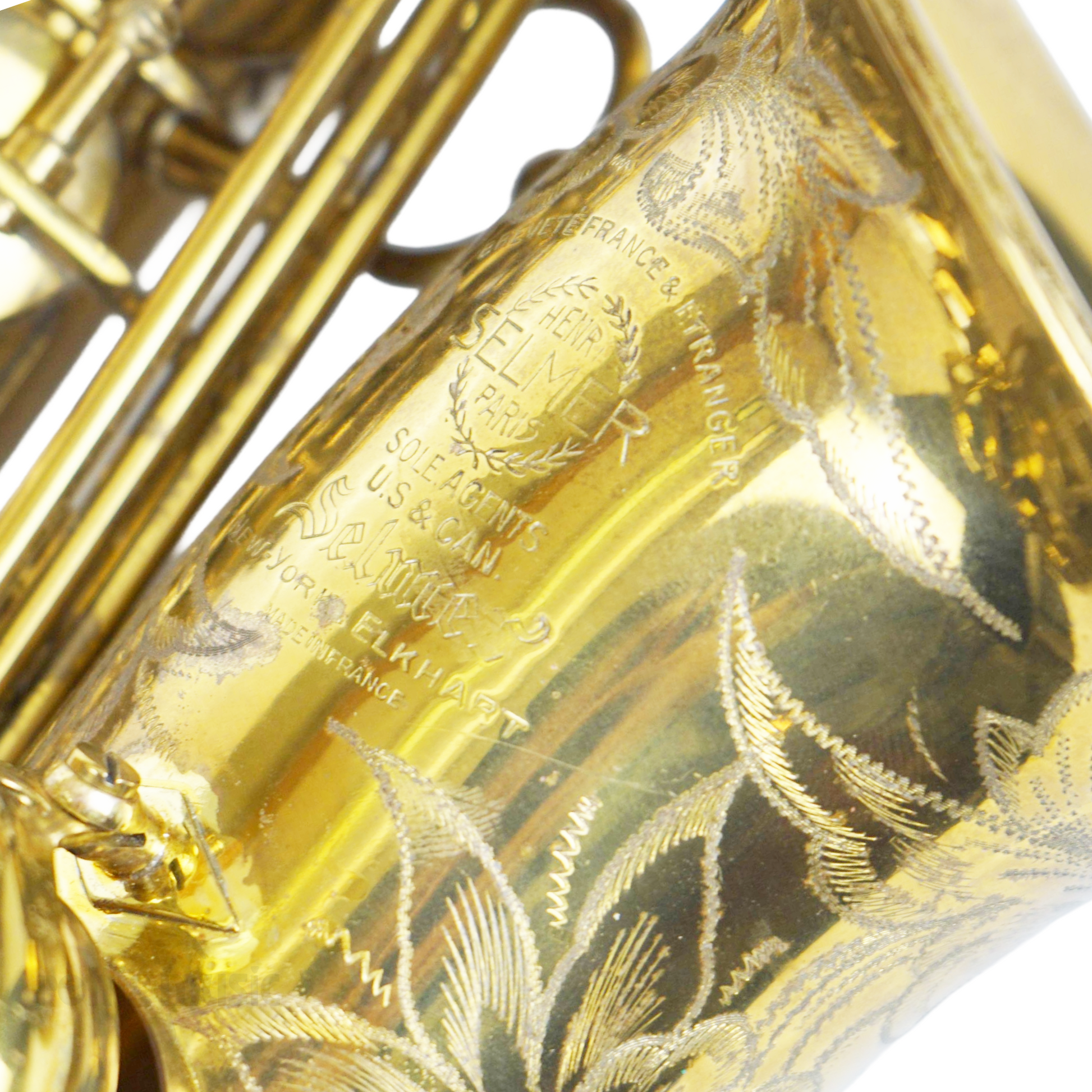 Closeup of Vintage Selmer Paris Super Action Alto Saxophone Engraving