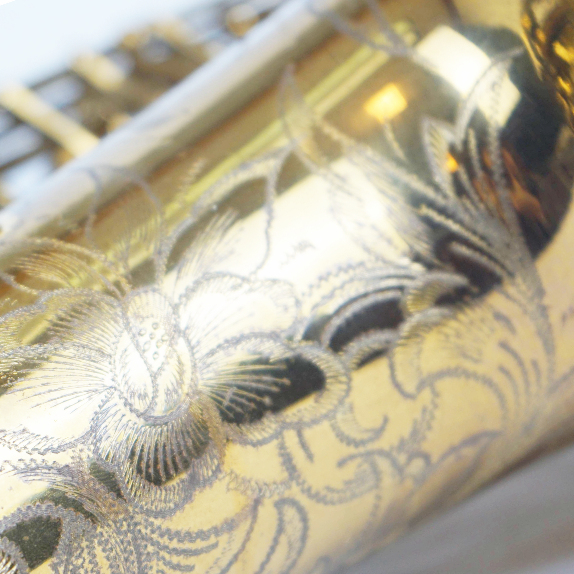 Closeup of Vintage Selmer Paris Super Action Alto Saxophone Engraving